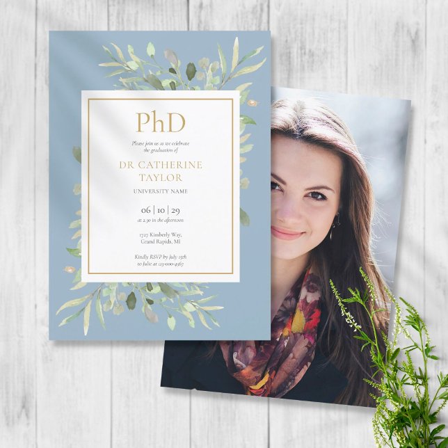 Invitación Graduación de foto de Degree Dusty Blue Greenery d (Subido por el creador)