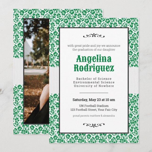 Invitación Graduación de foto de Eagle Green Floral Damask (Anverso / Reverso)