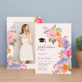 Invitación graduación de foto de flores de color púrpura rosa