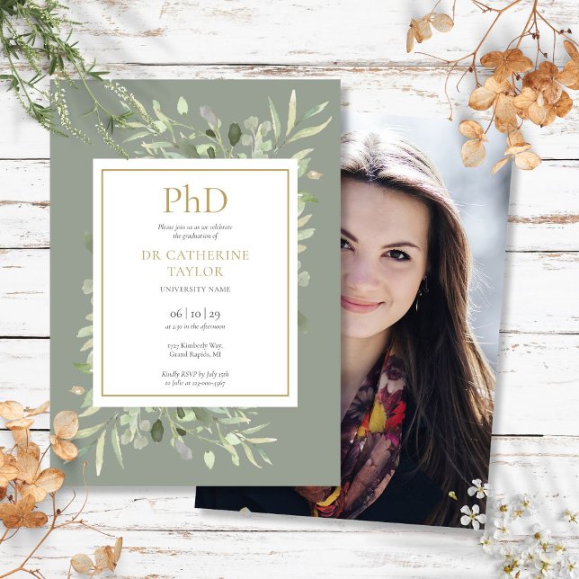 Invitación Graduación de foto de Grado de Vegetación de Grado (Phd Degree Sage Greenery Photo Graduation Invitation)