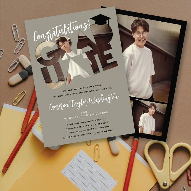 Invitación Graduación de foto de Graduación de Graduación de  (Congratulations! Graduate Grey Cutout Modern Photo Graduation Announcement Card @ fatfatin)