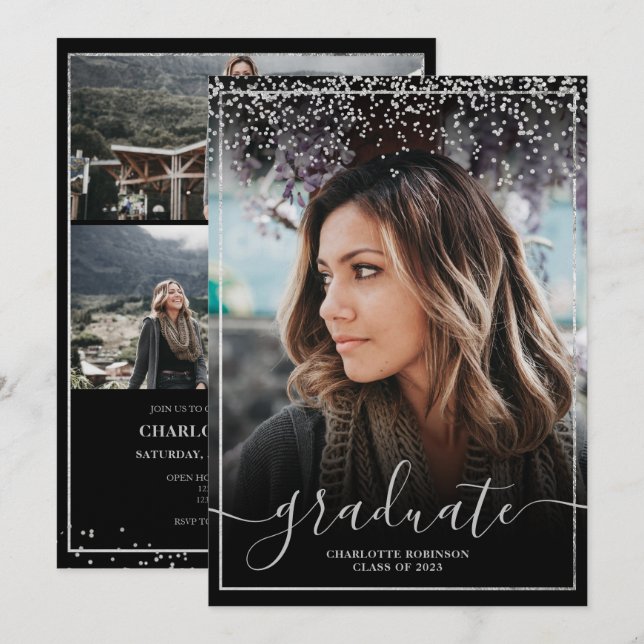 Invitación Graduación de foto de guión de frontera de confeti (Anverso / Reverso)