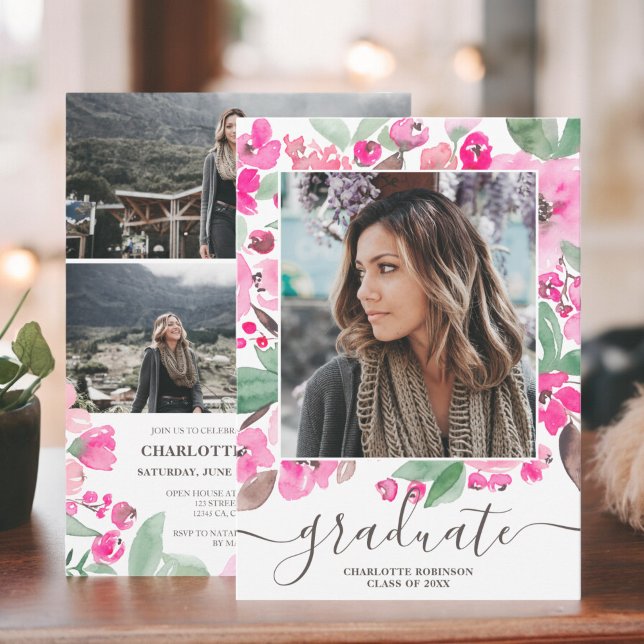 Invitación Graduación de foto de guión de vegetación rosa bri (Bright pink greenery script photo graduation invitation)