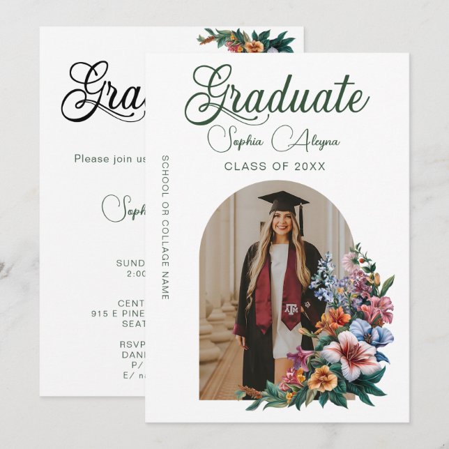 Invitación Graduación de foto de jardín de flores Rosa clásic (Anverso / Reverso)