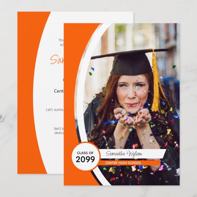 Invitación Graduación de foto de marco curvado de naranja (Anverso / Reverso)
