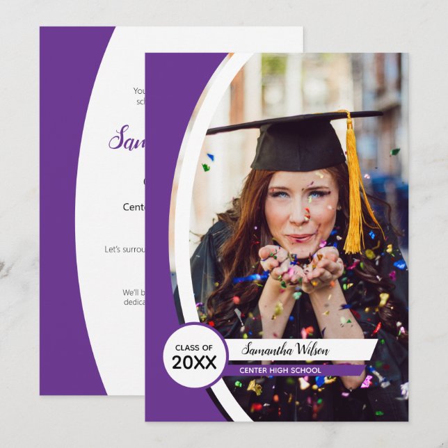 Invitación Graduación de foto de marco curvado púrpura (Anverso / Reverso)