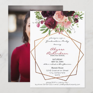 Invitación Graduación de foto de marco floral rosa y borgoña