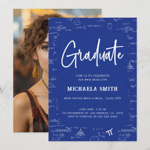 Invitación Graduación de foto de Math de Graduado Azul Real
