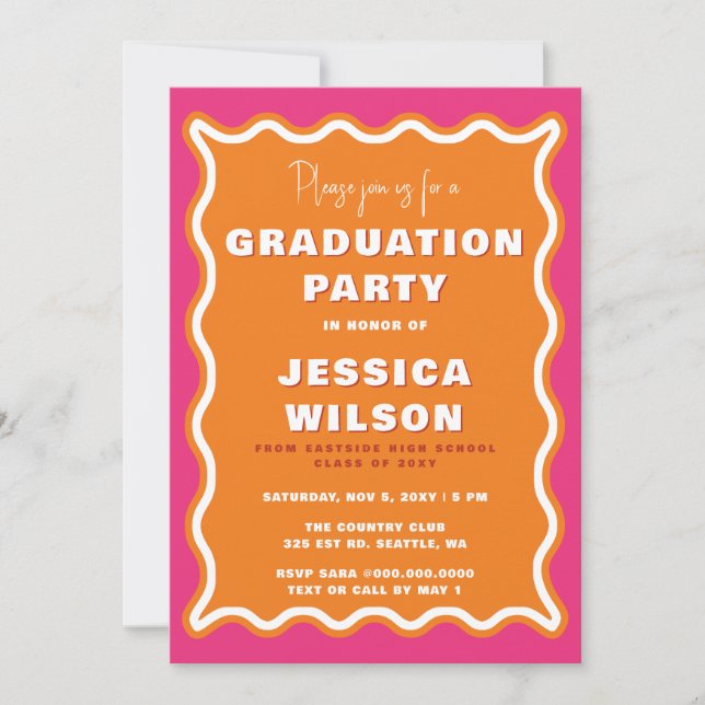 Invitación Graduación de foto de Naranja rosa ondulado retro (Anverso)