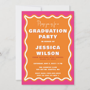 Invitación Graduación de foto de Naranja rosa ondulado retro