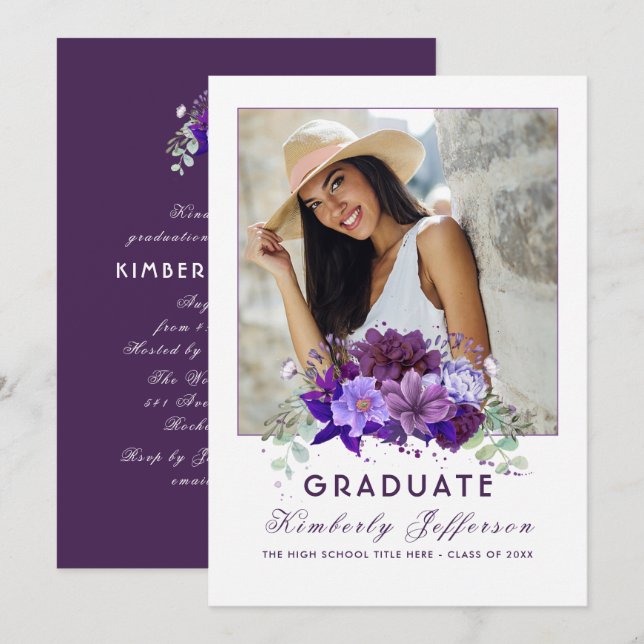 Invitación Graduación de foto de platillos con violeta púrpur (Anverso / Reverso)