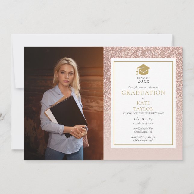 Invitación Graduación de foto de Purpurina Rosa de oro de Mod (Anverso)