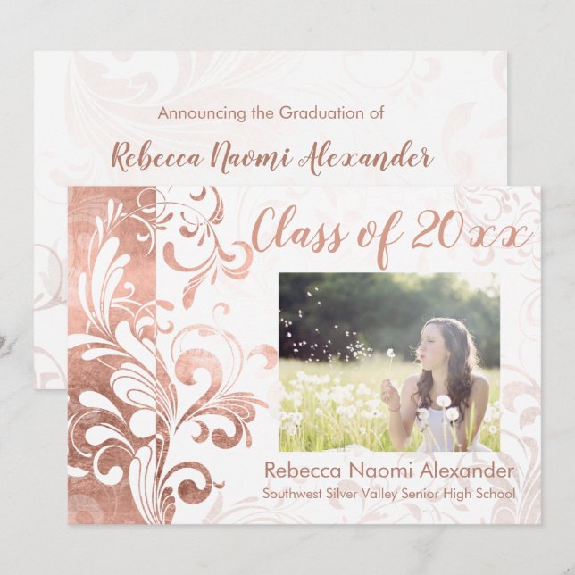 Invitación Graduación De Foto De Swirl Elegante De Oro Rosa (Anverso / Reverso)