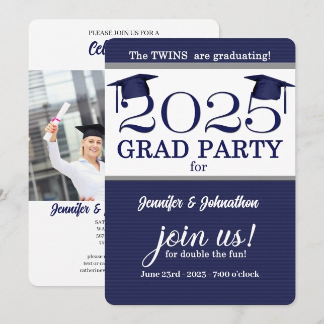 Invitación Graduación de foto de Twin Graduate Blue Pinstripe (Anverso / Reverso)
