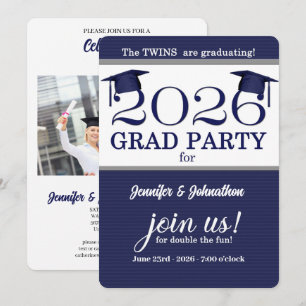 Invitación Graduación de foto de Twin Graduate Blue Pinstripe