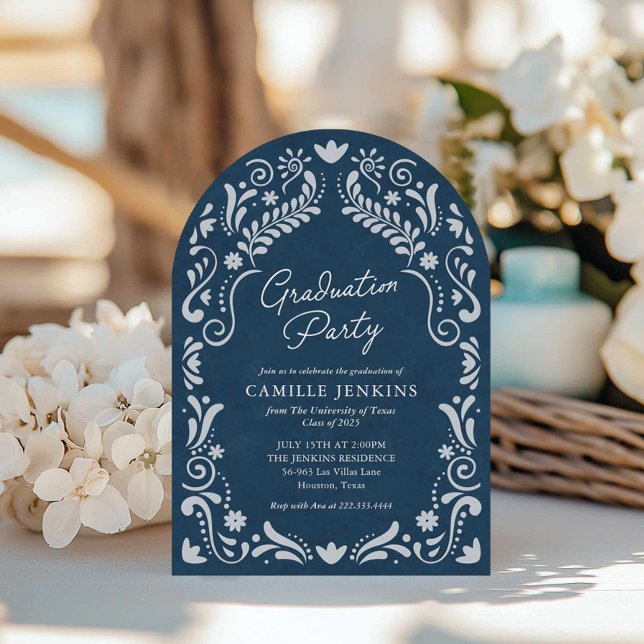 Invitación Graduación de foto del Blue Papel Picado (Blue Arch Graduation Party Photo Invitation)