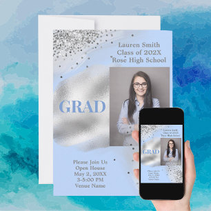 Invitación Graduación de foto del Purpurina de plata azul beb