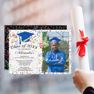 Invitación Graduación de foto Fiesta de clase Blue Cap Confet