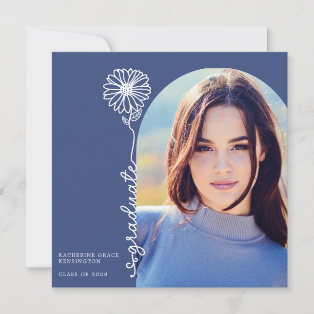 Invitación Graduación De Foto Floral Escrita A Mano Azul (Anverso)