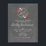 Invitación Graduación De Foto Floral Inspirada En El Cartel<br><div class="desc">Una invitación a graduarse con un ilustracion encima de una corona de flores y vegetación rojas y azules. 2014 está en el centro de la corona. El fondo está inspirado en la pizarra. Personalice el texto en blanco con los detalles de su ocasión. Personalizar el lado opuesto con tu foto....</div>