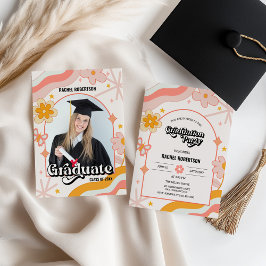 Invitación Graduación de Foto Floral Retro Groovy Hippie