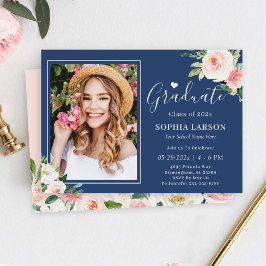Invitación Graduación de foto floral rosa de la Marina Blue R