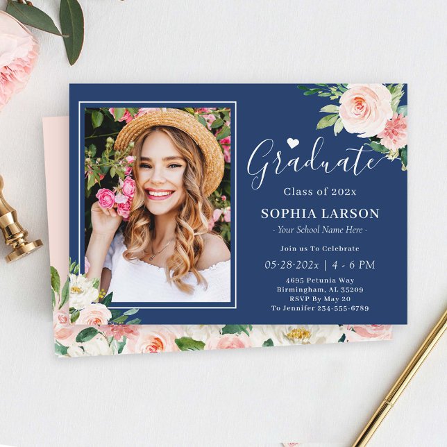 Invitación Graduación de foto floral rosa de la Marina Blue R (Subido por el creador)