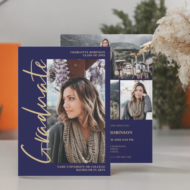 Invitación Graduación de foto graduada en oro de la marina de (Script navy gold graduate photo graduation Invitation)