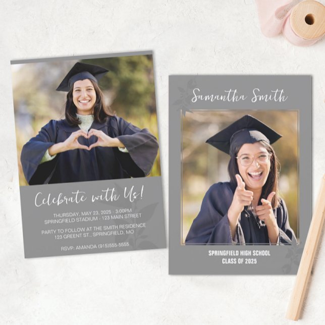 Invitación Graduación de foto moderna gris (Modern Graduation Announcement)