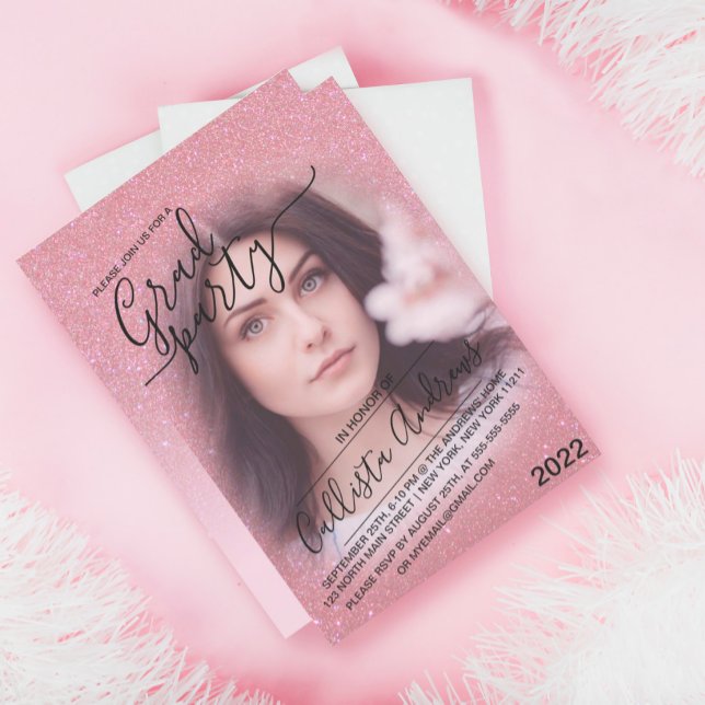Invitación Graduación de Foto Ombre, Purpurina De Faux Rosado (Subido por el creador)