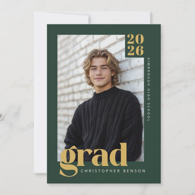Invitación Graduación de Foto Oro Verde Bosque Moderno (Anverso)