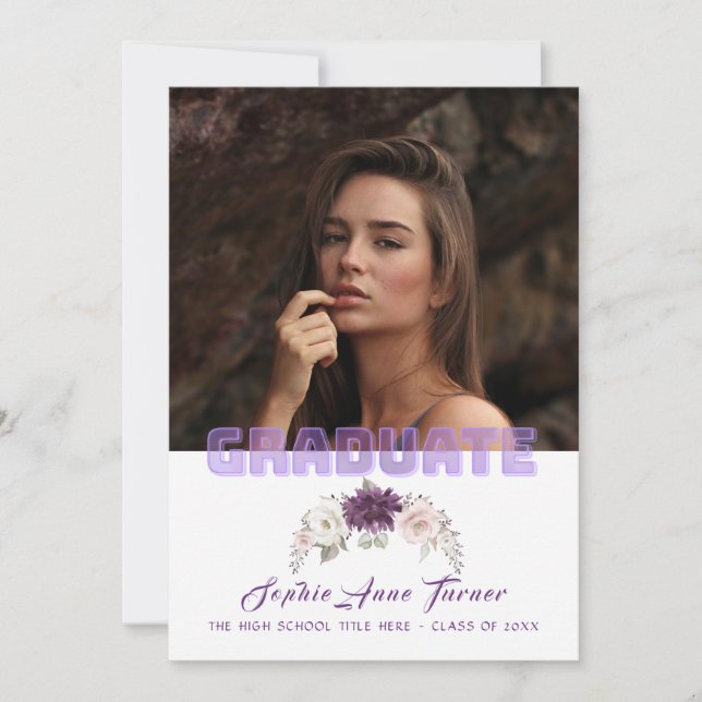 Invitación Graduación de foto púrpura de ciruela floral de la (Anverso)
