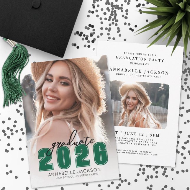 Invitación Graduación de Foto Verde (Simple Green Photo Graduation Invitation)
