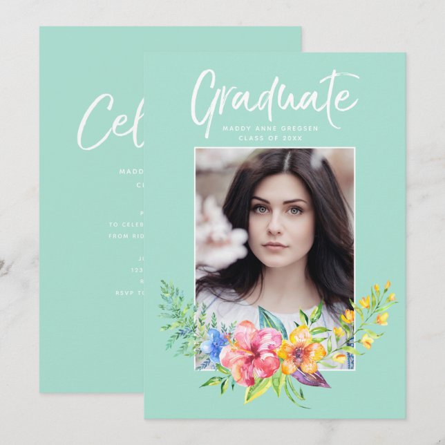 Invitación Graduación de fotografía de acuarela floral tropic (Anverso / Reverso)