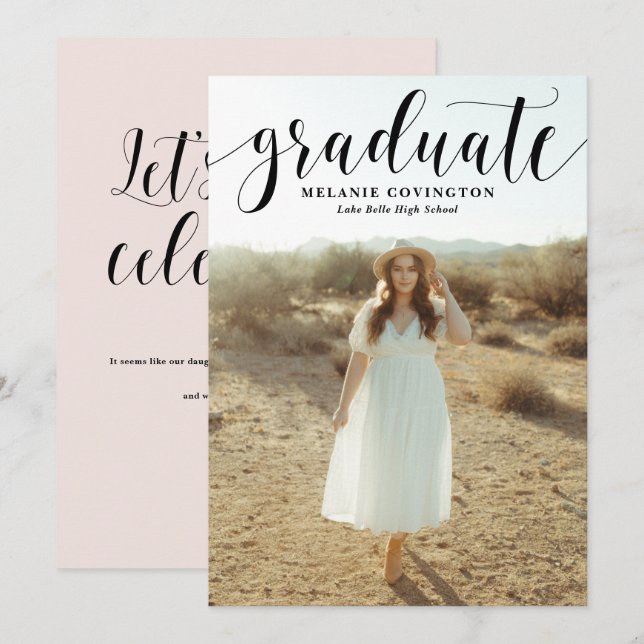 Invitación Graduación de fotografía de caligrafía moderna bla (Anverso / Reverso)