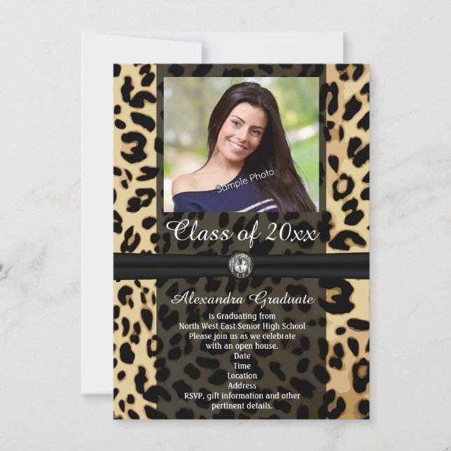 Invitación Graduación de fotografía de cinta de leopardo negr (Anverso)