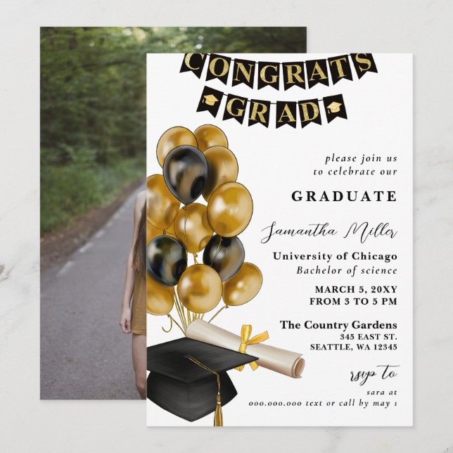 Invitación Graduación de fotografía de globos modernos de oro (Anverso / Reverso)