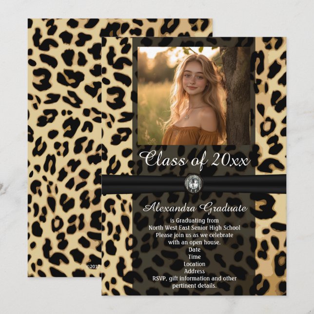 Invitación Graduación de fotografía de jewel de leopardo negr (Anverso / Reverso)
