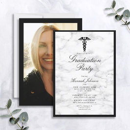Invitación Graduación de fotografía de mármol blanco negro en