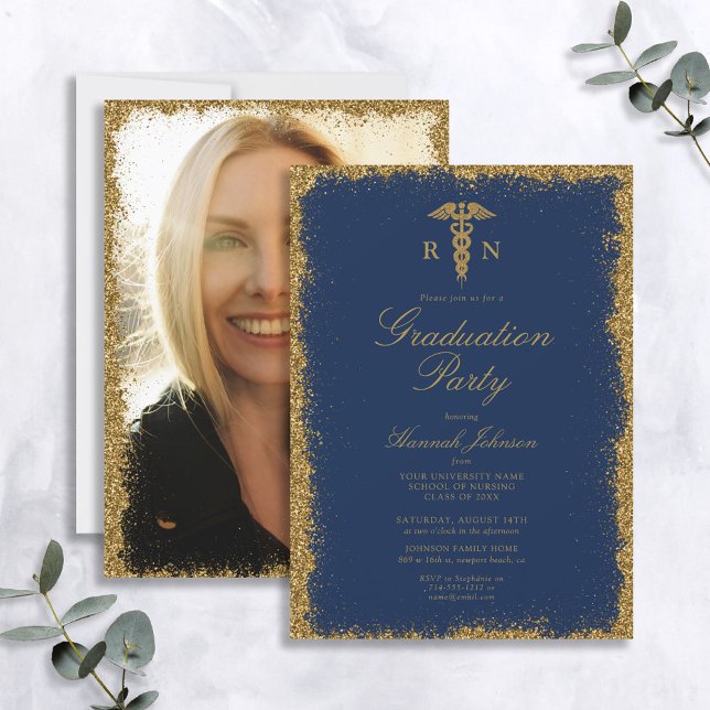 Invitación Graduación de fotografía de oro azul de la Escuela (Subido por el creador)