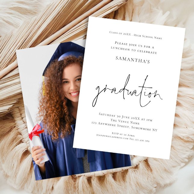 Invitación Graduación de fotografía de pizarra simple en blan (front an back view)