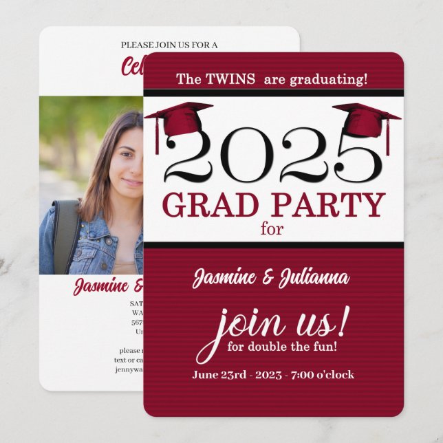 Invitación Graduación de fotografía de pregrado rojo de Twin  (Anverso / Reverso)