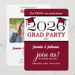 Invitación Graduación de fotografía de pregrado rojo de Twin