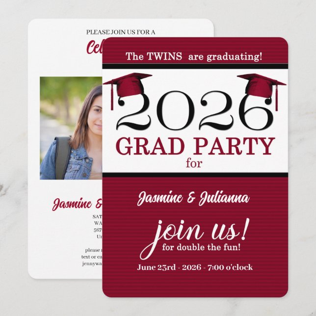 Invitación Graduación de fotografía de pregrado rojo de Twin  (Anverso / Reverso)