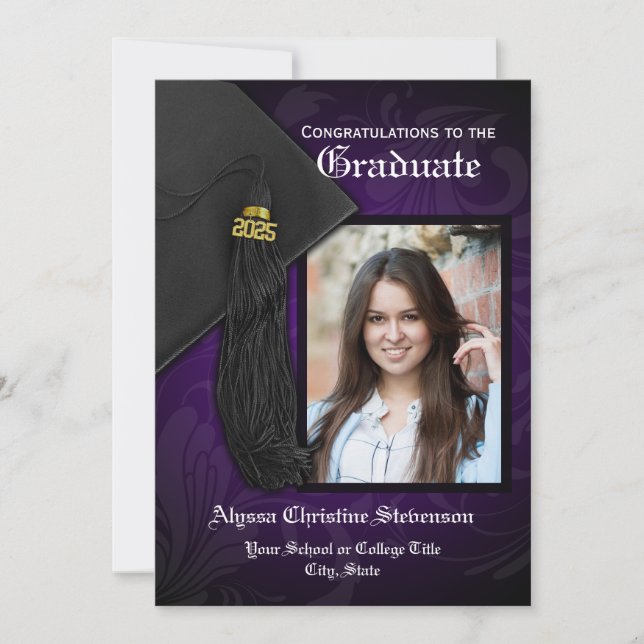 Invitación Graduación de fotografía de tassel negro púrpura e (Anverso)
