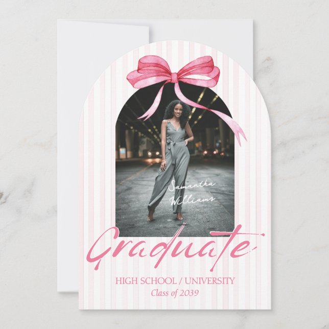 Invitación Graduación de fotografía del arco de cinta rosa de (Anverso)