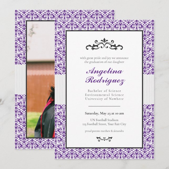 Invitación Graduación de fotografía del patrón de Damasco púr (Anverso / Reverso)