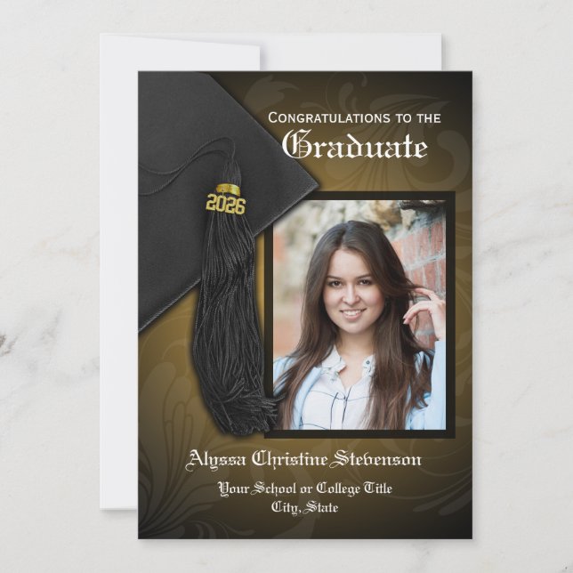 Invitación Graduación de fotografía elegante de Tassel de oro (Anverso)