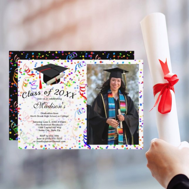 Invitación Graduación de fotografía Fiesta de Confetti de Bla (Photo Graduation Black Cap Diploma Confetti Party Invitation)