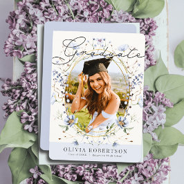 Invitación Graduación de fotografía Floral azul de acuarela